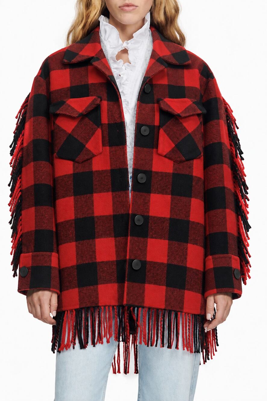 Sandro Paris Womens Claira Buffalo Red Plaid Fringe Wool Jacket Shirt Size 34 XS